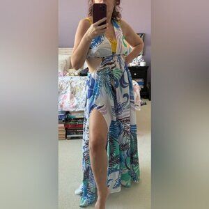Anthropology Tropical Print Maxi Dress Beach Cover Up with Cutouts size M